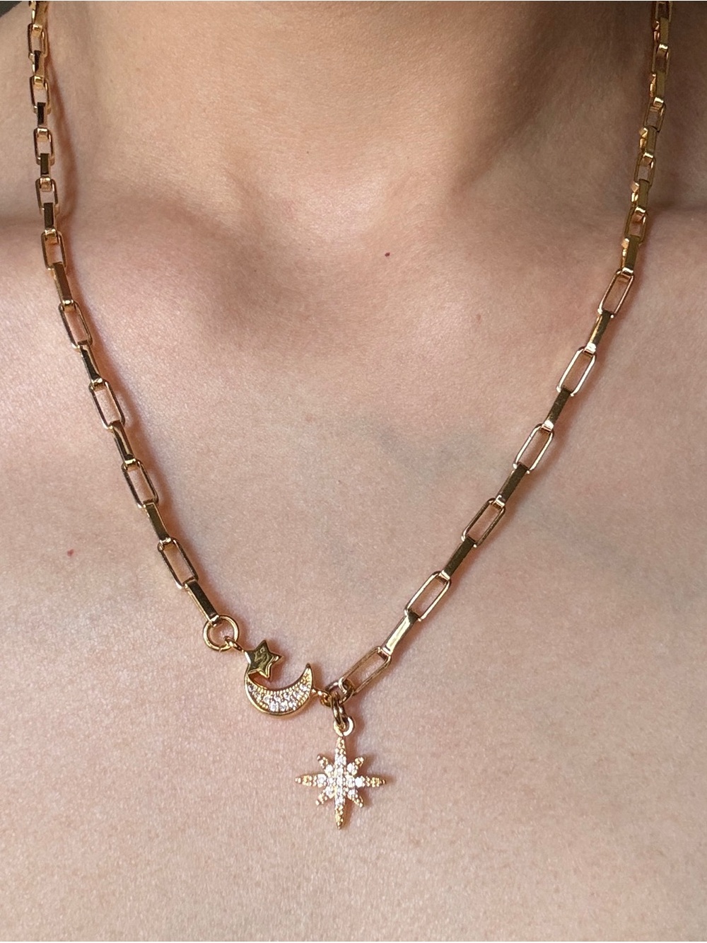 Gold Star & Moon Charm Link Necklace - Women Jewelry